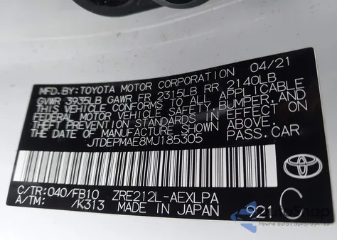 2021 Toyota Corolla Le z USA, uszkodzony, nr VIN JTDEPMAE8MJ185305